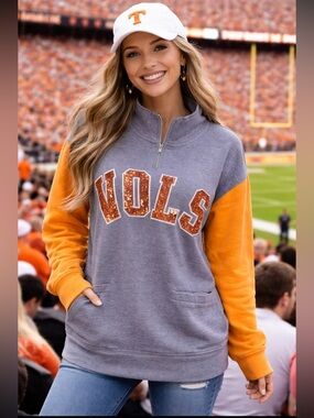 Victoria Secret PINK VOLS LOGO Gray and Orange Sequin Letter Pullover